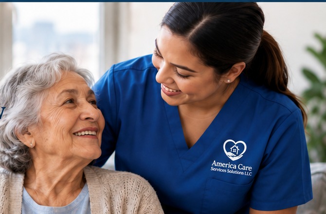 Caregiver providing warm support to an older adult at home